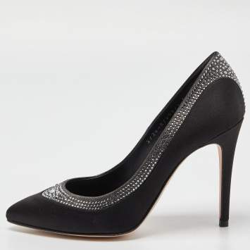 Pre Owned Gina Black Satin Crystal Embellished Renee Pumps Size 38.5