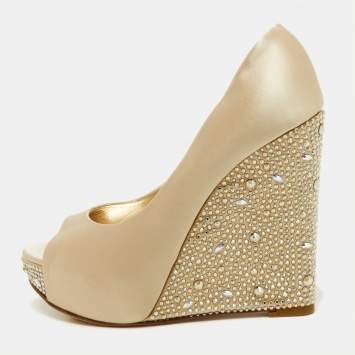 Pre Owned Gina Beige Crystal Embellished Satin Belle Open Toe Wedge Pumps Size 37
