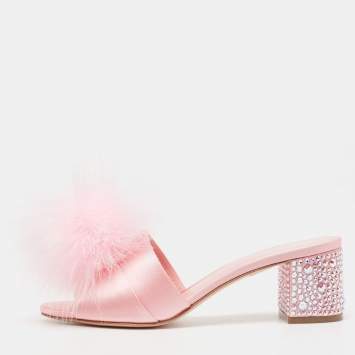 Pre Owned Gina Pink Satin and Fur Cindy Crystal Embellished Heel Slide Sandals Size 39