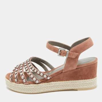 Pre Owned Gina Pink Studded Satin and Suede Wedge Ankle Strap Sandals Size 38