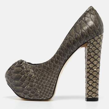 Pre Owned Gina Dark Grey Python Leather Elle Platform Pumps Size 39.5