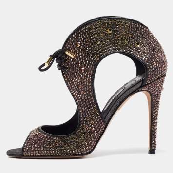 Pre Owned Gina Metallic Crystal Embellished Leather Cut Out Lace Up Sandals Size 38