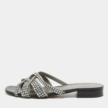 Pre Owned Gina Black/Silver Crystal Embellished Leather Slides Size 38