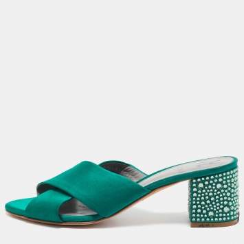 Pre Owned Gina Green Satin Crystal Embellished Block Heel Slide Sandals Size 40