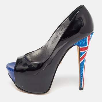 Pre Owned Gina Black Patent Crystal Embellished Open Toe Pumps Size 36.5