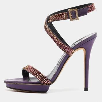 Pre Owned Gina Purple Leather Crystal Embellished Ankle Strap Sandals Size 38