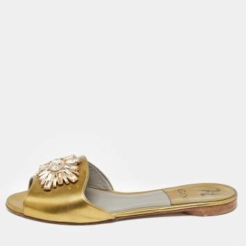 Pre Owned Gina Gold Leather Crystal Embellished Flat Slides Size 39