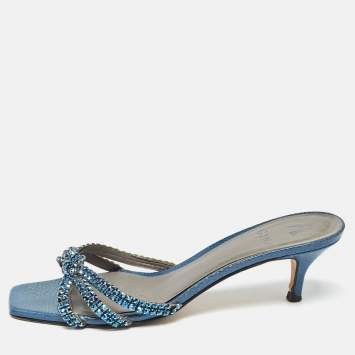 Pre Owned Gina Blue Crystal Embellished Leather Slide Sandals Size 40.5