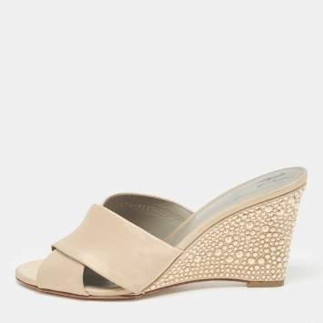 Pre Owned Gina Beige Satin Crystal Embellished Wedge Sandals Size 41