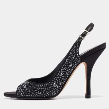 Pre Owned Gina Black Satin Crystal Embellished Peep Toe Pumps Size 37.5