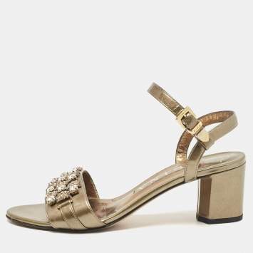 Pre Owned Gina Brown Patent Leather Crystal Embellished Ankle Strap Sandals Size 38.5