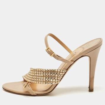 Pre Owned Gina Beige Leather Crystal Embellished Ankle Strap Sandals Size 38.5