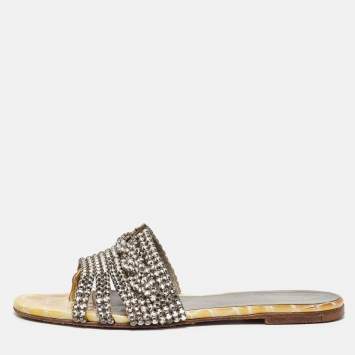 Pre Owned Gina Yellow/Grey Croc Embossed Crystal Embellished Leather Flat Slides Size 38