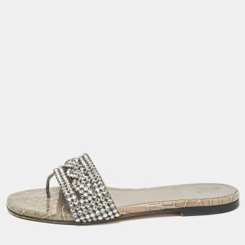Pre Owned Gina Grey Croc Embossed Patent and Leather Crystal Embellished Flat Slides Size 36