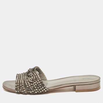 Pre Owned Gina Metallic Bronze Leather Crystal Embellished Flat Slides Size 37.5