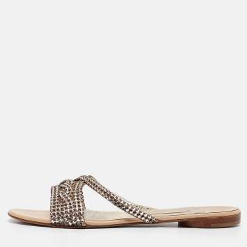 Pre Owned Gina Pink Crystal Embellished Leather Flat Slides Size 40.5 