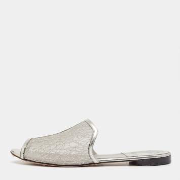 Pre Owned Gina Metallic Grey Glitter Mesh Flat Slides Size 40.5