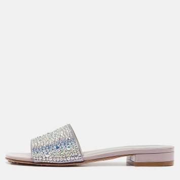 Pre Owned Gina Grey/Purple Leather Crystal Embellished Flat Slides Size 37.5