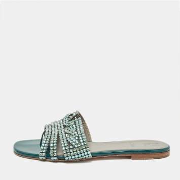 Pre Owned Gina Blue Crystal Embellished Leather Thong Flat Slides Size 39