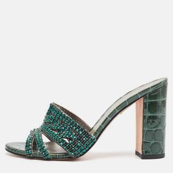 Pre Owned Gina Green Croc Embossed Leather Slide Sandals Size 39
