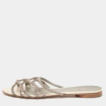 Pre Owned Gina Beige Leather Crystal Embellished Flat Slides Size 40