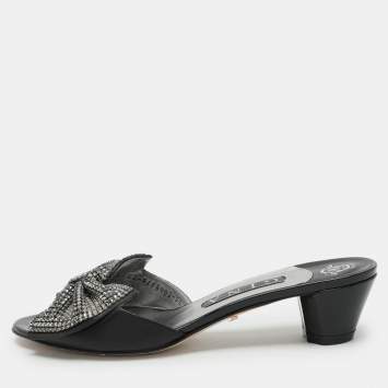 Pre Owned Gina Black Crystal Embellished Leather Bow Slide Sandals Size 38.5