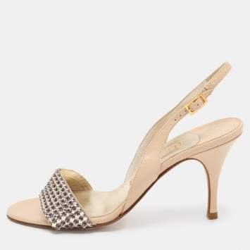 Pre Owned Gina Beige Crystal Embellished Leather Slingback Sandals Size 37