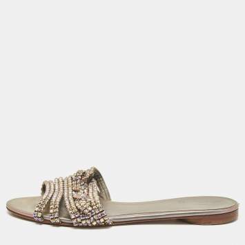 Pre Owned Gina Metallic Crystal Embellished Leather Flat Slides Size 38.5