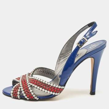 Pre Owned Gina Blue Patent Leather Crystal Embellished Slingback Sandals Size 37