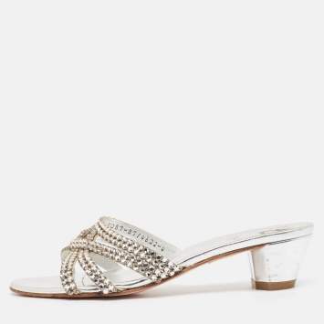 Pre Owned Gina Silver Leather Crystal Embellished Gabriella Slide Sandals Size 37