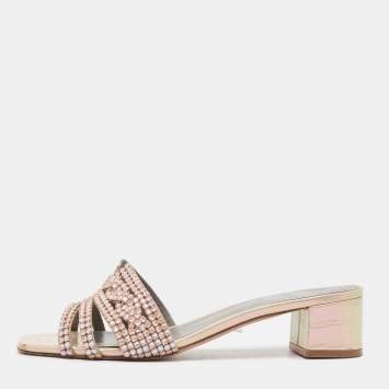 Pre Owned Gina Orange Iridescent Croc Embossed Leather Orsay Slide Sandals Size 42