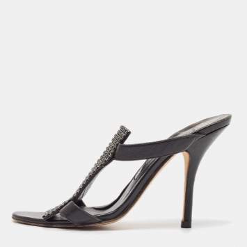 Pre Owned Gina Black Leather Crystal Embellished Slide Sandals Size 38.5