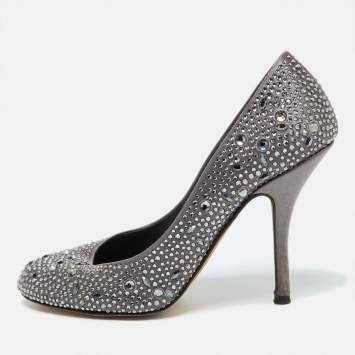Pre Owned Gina Dark Grey Satin Crystal Embellished Pumps Size 38