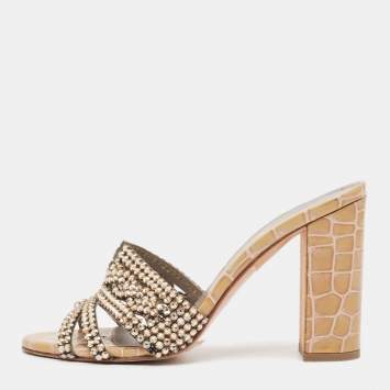 Pre Owned Gina Gold Crystal Embellished Leather Slide Sandals Size 38.5