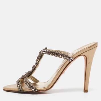Pre Owned Gina Pink/Gold Crystal Embellished Leather Slide Sandals Size 38