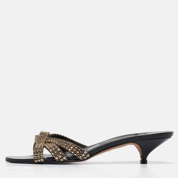 Pre Owned Gina Black/Gold Leather Crystal Embellished Slide Sandals Size 39.5