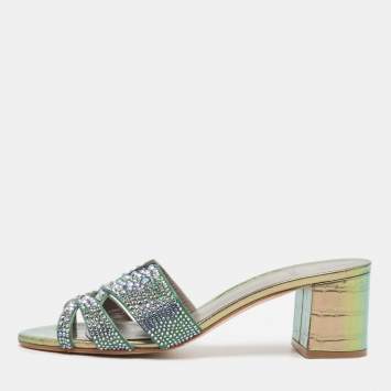 Pre Owned Gina Green Satin Crystal Embellished Orsay Block Heel Slide Sandals Size 41