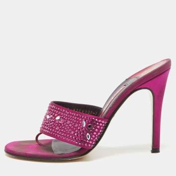 Pre Owned Gina Magenta Pink Satin Crystal Embellished Slide Sandals Size 38