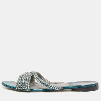 Pre Owned Gina Blue Leather Crystal Embellished Flat Sandals Size 40.5