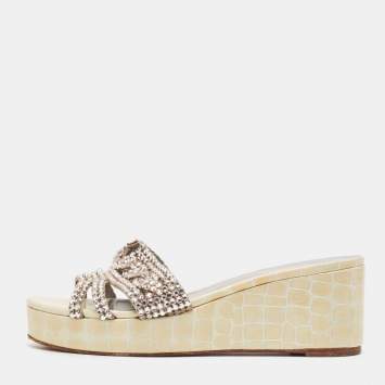 Pre Owned Gina Cream Croc Embossed Patent and Leather Wedge Sandals Size 39.5