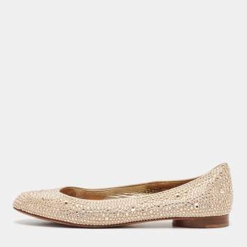 Pre Owned Gina Gold Satin Crystal Embellished Ballet Flats Size 39.5