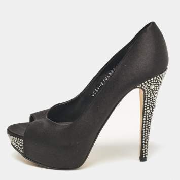 Pre Owned Gina Black Satin Crystal Embellished Peep Toe Pumps Size 37.5