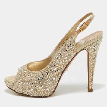 Pre Owned Gina Gold Crystal Embellished Satin Slingback Sandals Size 37.5