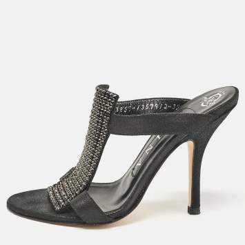 Pre Owned Gina Black Nubuck Leather Crystal Embellished Slide Sandals Size 36.5