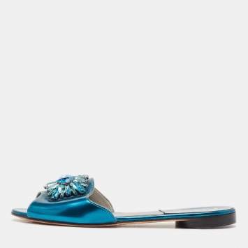 Pre Owned Gina Blue Leather Crystal Embellished Flat Sandals Size 37