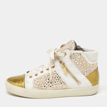 Pre Owned Gina White/Gold Leather Crystal Embellished High Top Sneakers Size 39