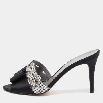 Pre Owned Gina Black Satin Crystal Embellished Slide Sandals Size 38