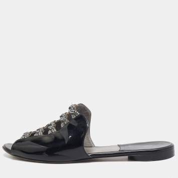 Pre Owned Gina Black Patent Leather Crystal Embellished Mules Size 38.5