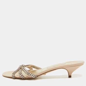 Pre Owned Gina Beige Leather Crystal Embellished Slide Sandals Size 41