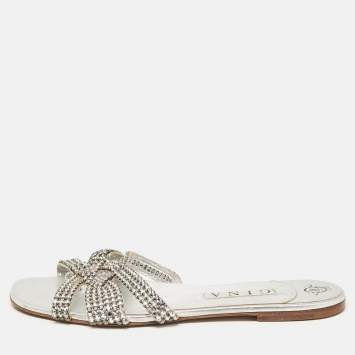Pre Owned Gina Silver Leather Crystal Embellished  Flat Sandals Size 41.5